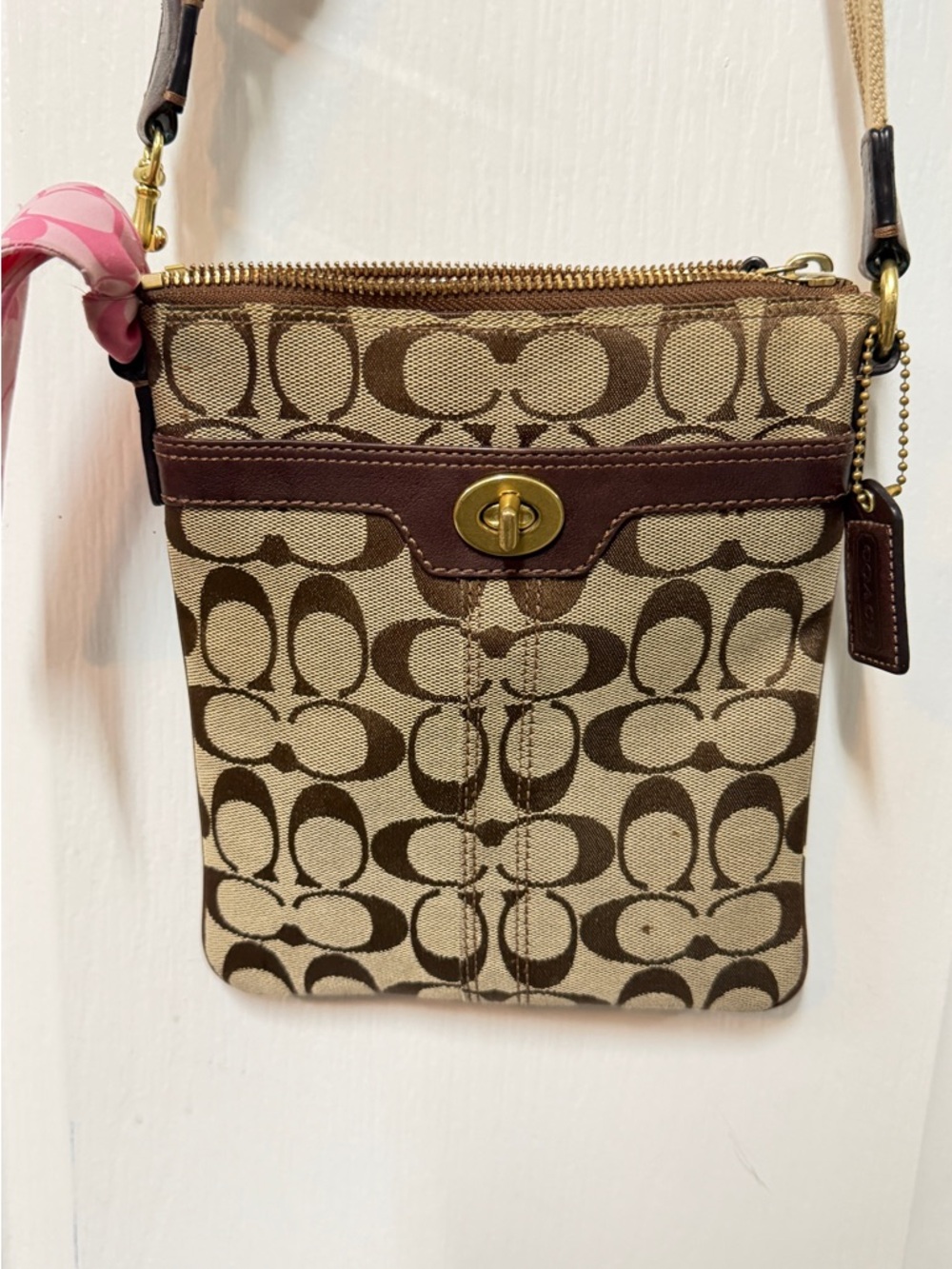 Coach Beige and Brown Signature Crossbody with Gold Hardware
